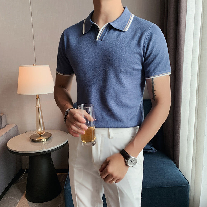 Summer Slim Men's White Knitted Short-Sleeved Polo Shirt