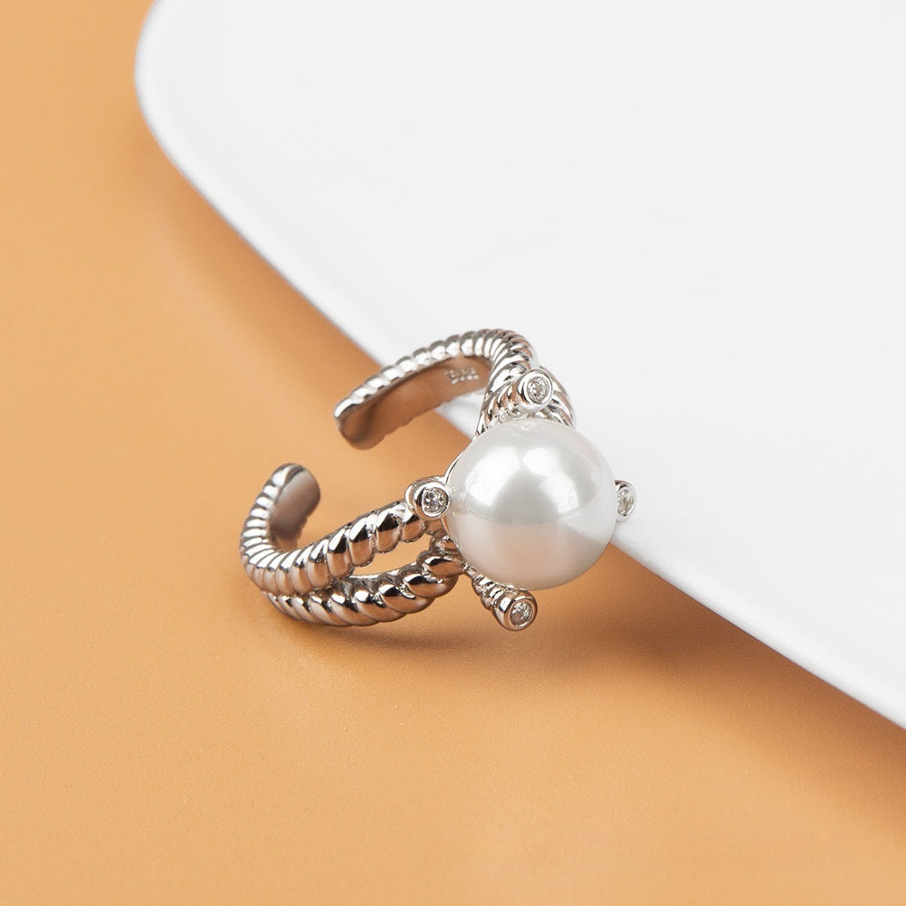 S925 Crown Pearl Ring Fashion Ins Opening Adjustable