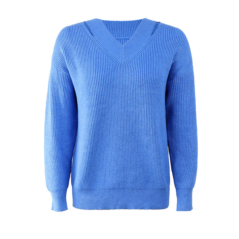 Fashion Ladies V-neck Solid Color Sweater Women