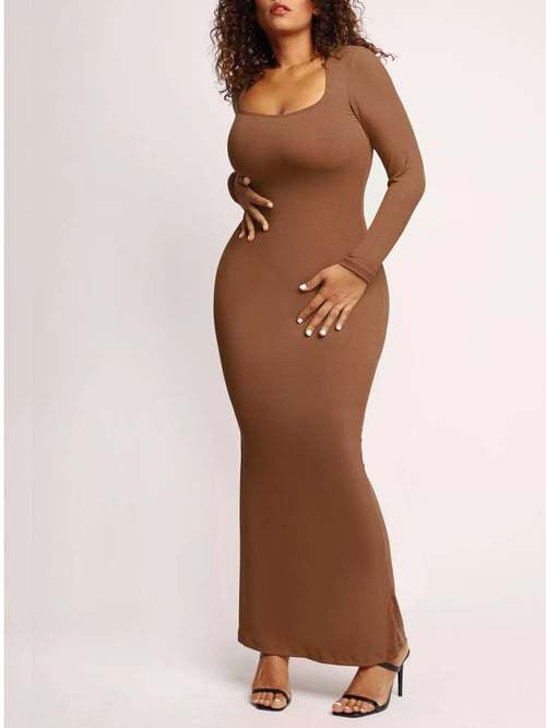 Round Neck Sleeved Slim Fitting Long Dress