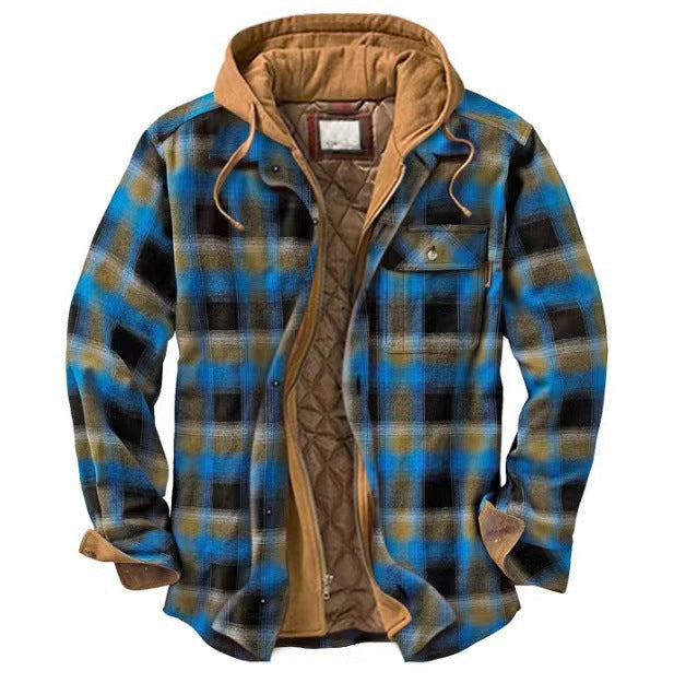 Men's Cotton-padded Clothes Plaid Striped Loose-fitting Hoodie Long Sleeve Coat