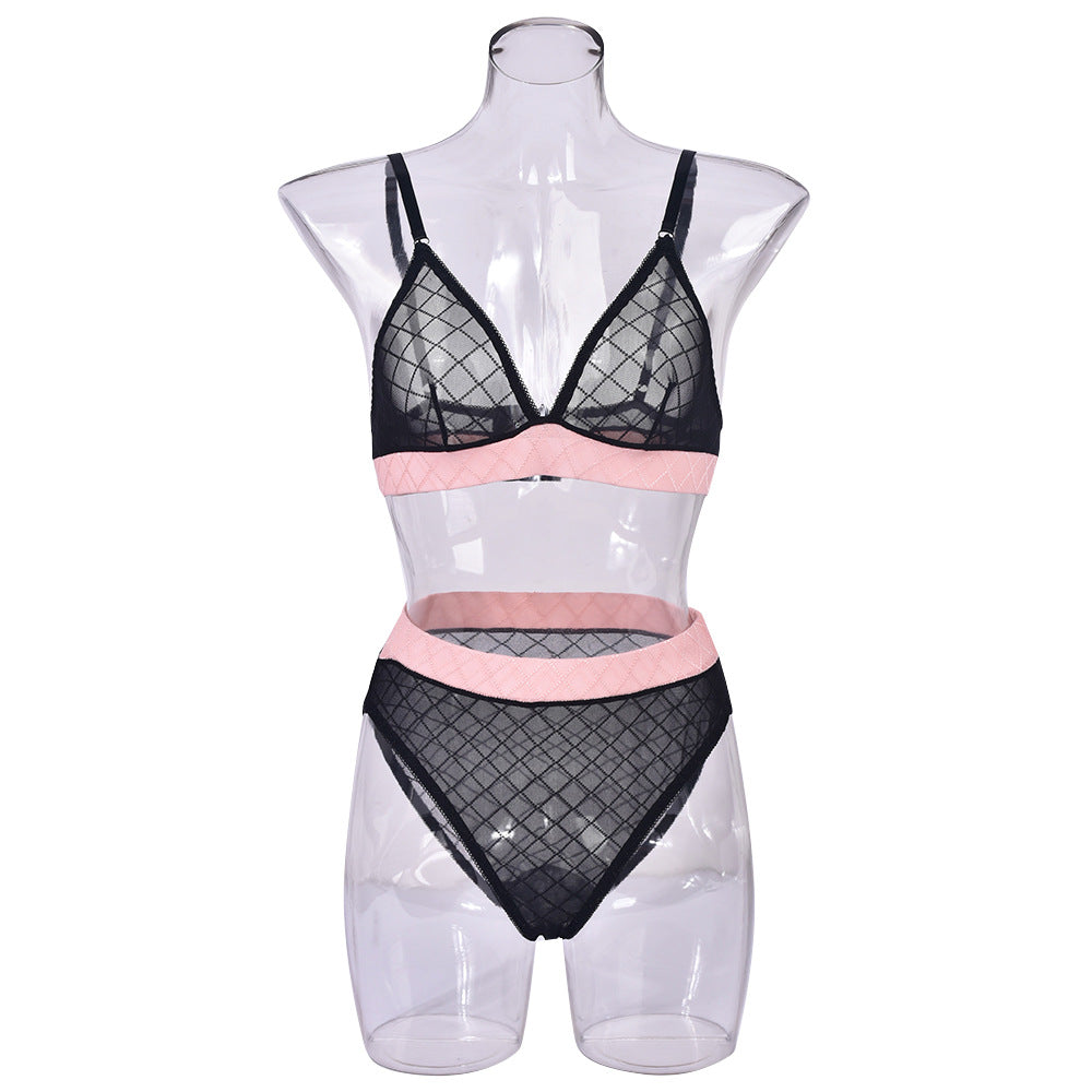 European And American Underwear Mesh Three-point Contrasting Color Stitching Suit