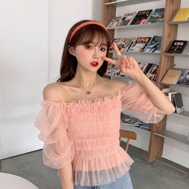 One-shoulder Chiffon Shirt Puff Sleeve Short Top Women Women