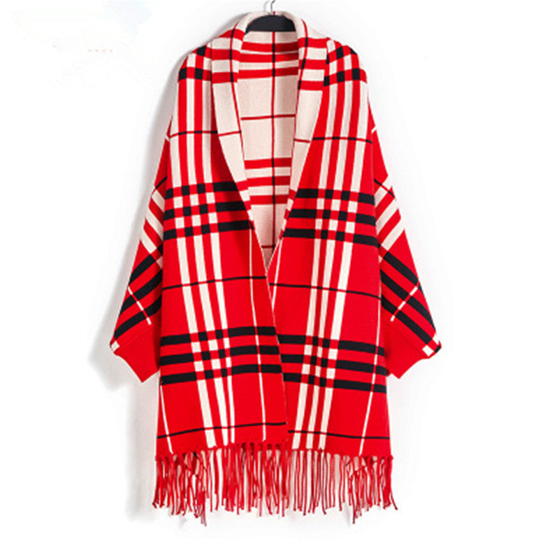 Plaid Mid-length Cardigan Women's Knitted Tassel Shawl Coat Women