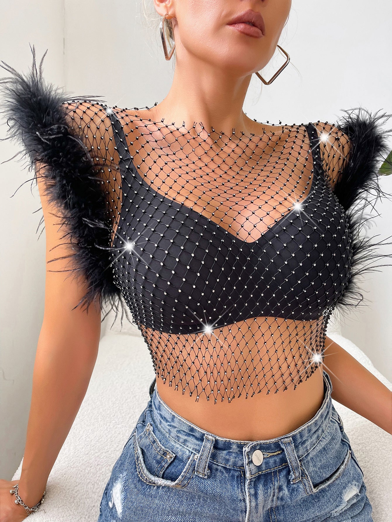 Women's Fashionable Slim-fit Diamond Super Shiny Ostrich Fur Rhinestone Fishnet Top