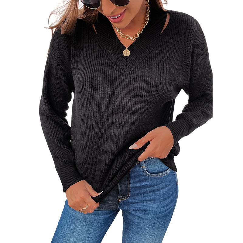 Fashion Ladies V-neck Solid Color Sweater Women