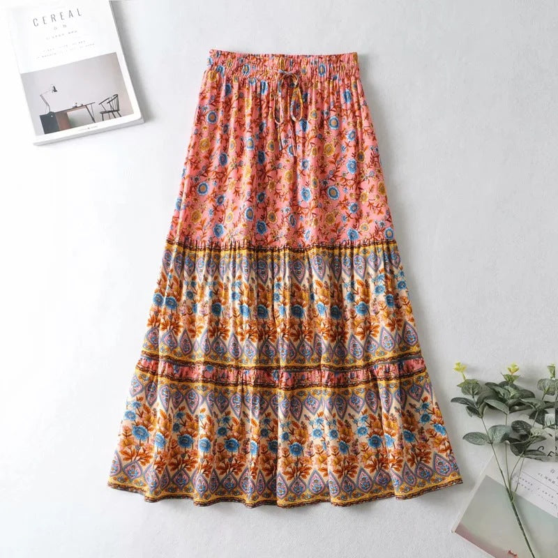 Women's Printed Skirt Elastic High Waist Skirt Long Skirt