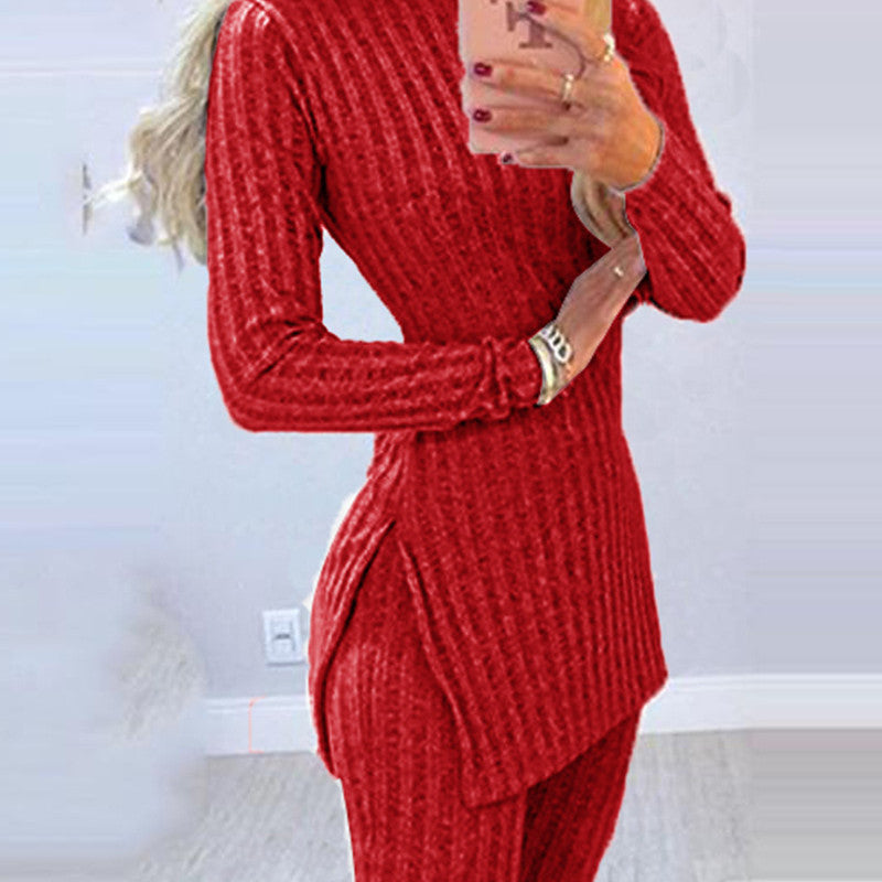 Knitted Suit Slit Mid-length Top And Leggings