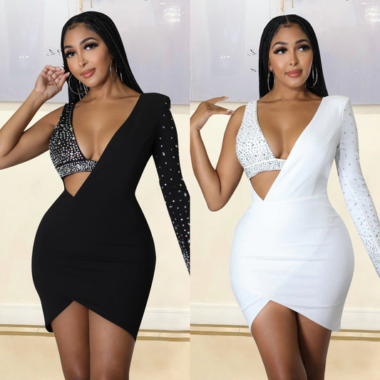 Women's Skinny Hot Diamond One Shoulder Dress