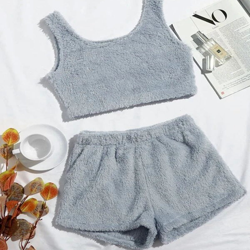 Pajama Suit Sexy Fluffy Sets Velvet-Plush Shorts Crop Tank Top Women Tracksuit Casual Sports Overalls Sweatshirt Night Suit