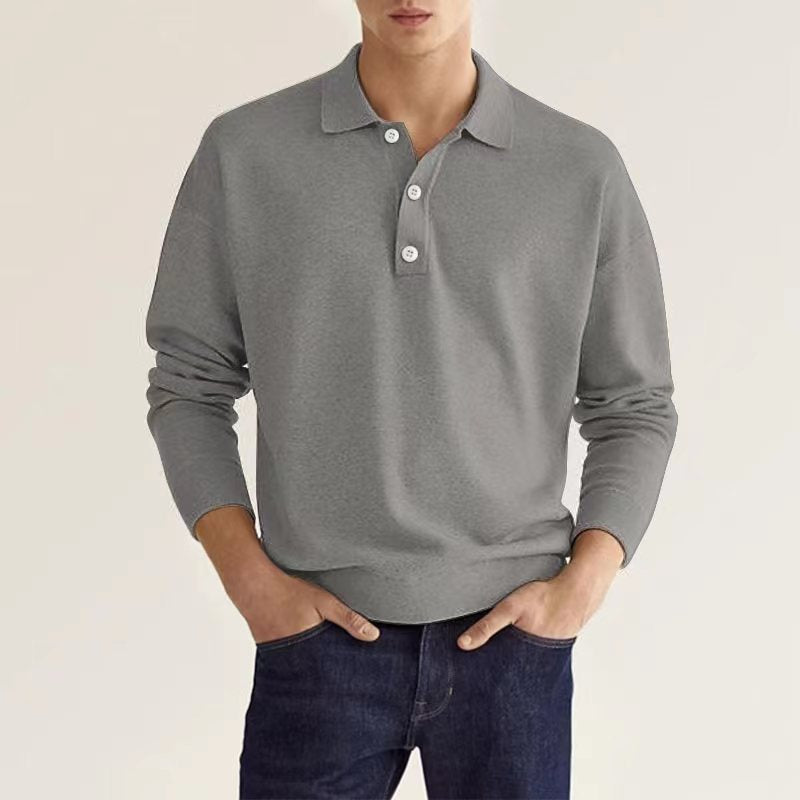 Spring Long Sleeve V-neck Button Men's Casual Top Polo Shirt