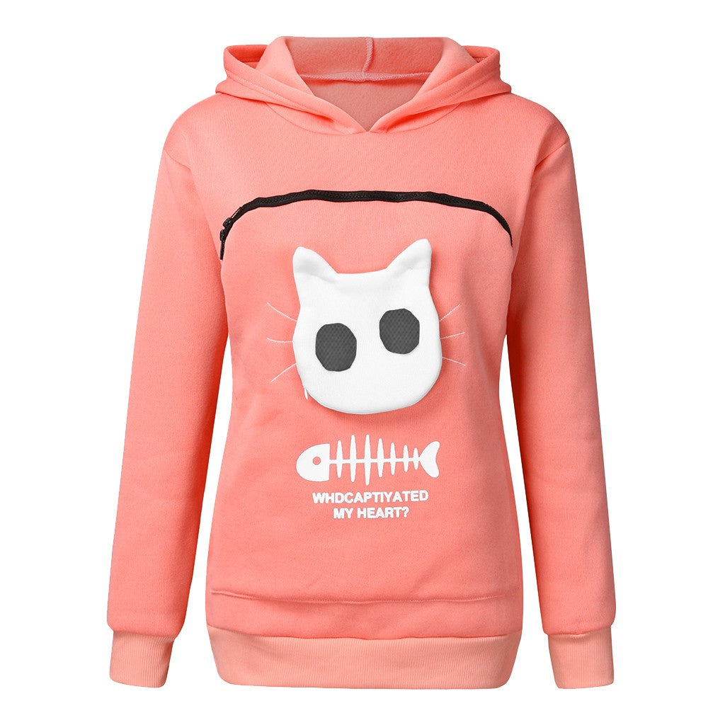 Women Hoodie Sweatshirt With Cat Pet Pocket Design Long Sleeve