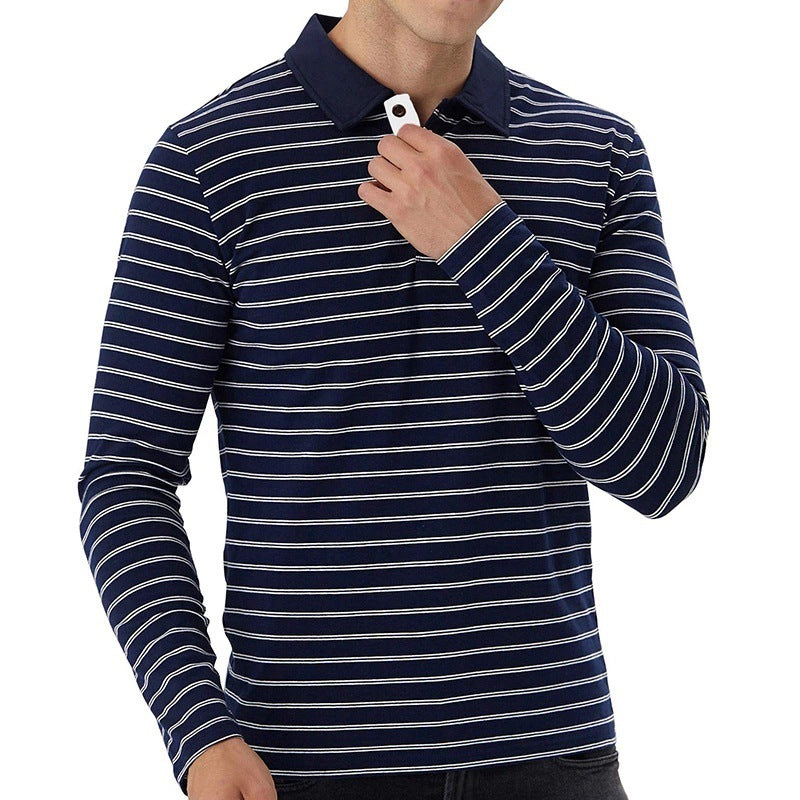 Business Men's Lapel Striped Long-sleeved T-shirt Polo Shirt