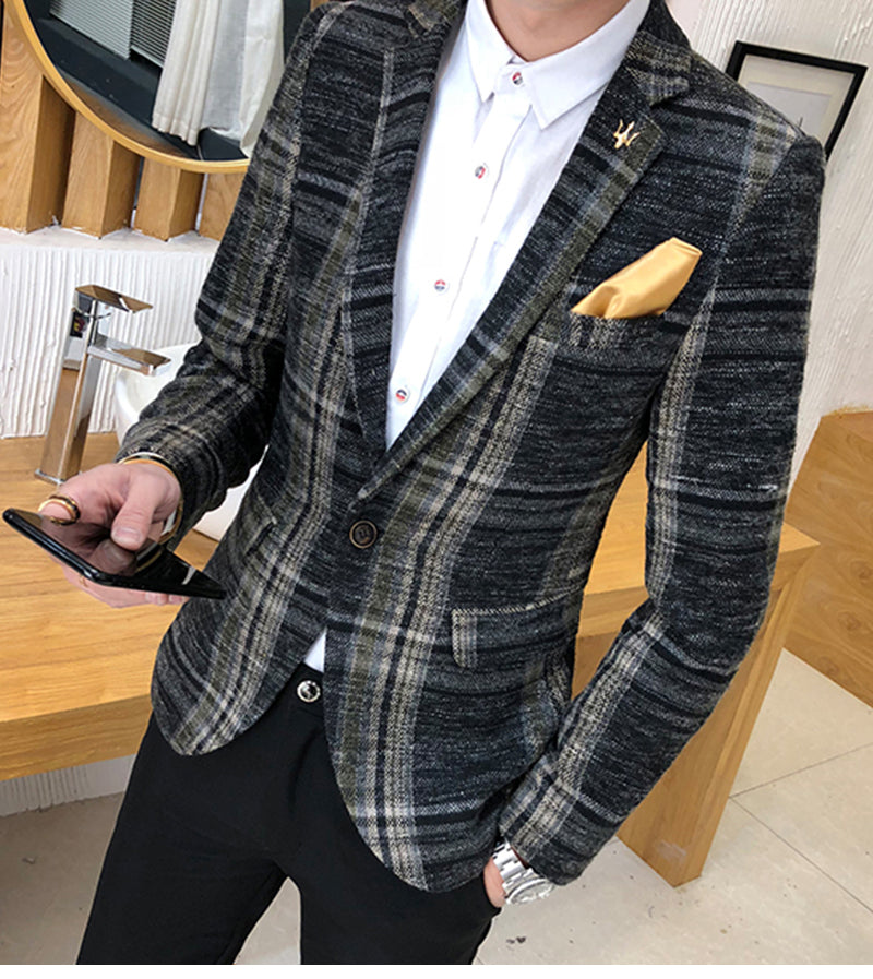 Men Blazer Slim Fit Designs Male Plaid Blazer