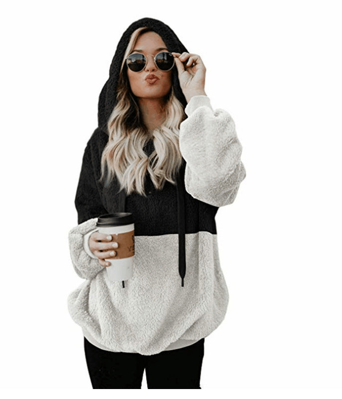 Women Casual Plush Hoodies Zipper Patchwork Hooded Drawstring Sweatshirt Autumn Winter Lady Hooded Warm Loose Tops