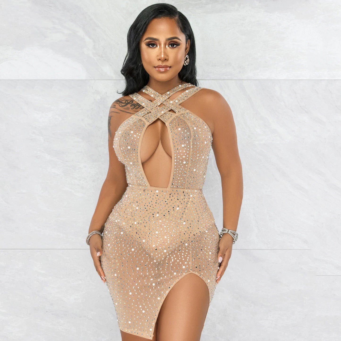 Women's Fashion Mesh Hot Diamond Nightclub Party Dress