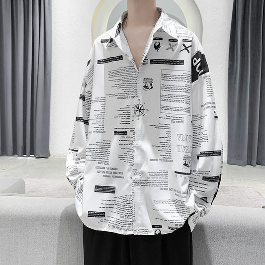 Fashion Drapey Ice Silk Print Teenage Long-sleeved Shirt For Men