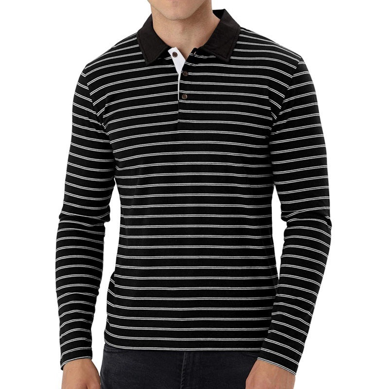 Business Men's Lapel Striped Long-sleeved T-shirt Polo Shirt