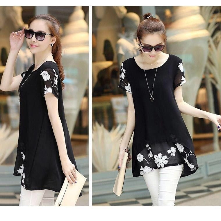 Summer Clothing New Short Sleeve Women's Clothing Embroidered Chiffon Shirt Plump Girls Plus Size Women