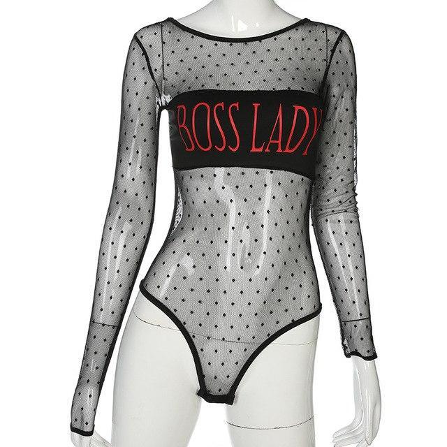 Long sleeve sexy perspective dot mesh gauze stitching bodysuit