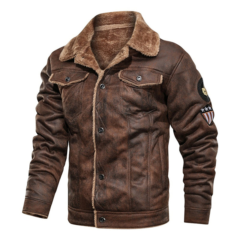 Winter Men Turn-down Collar Leather Jacket Outwear Warm Pilot Coats Windbreak