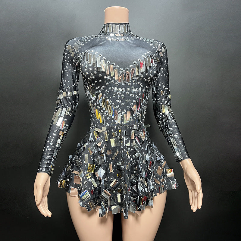 Shiny Sequined Diamond Outdoor Long-sleeved Skirt Mini Dress