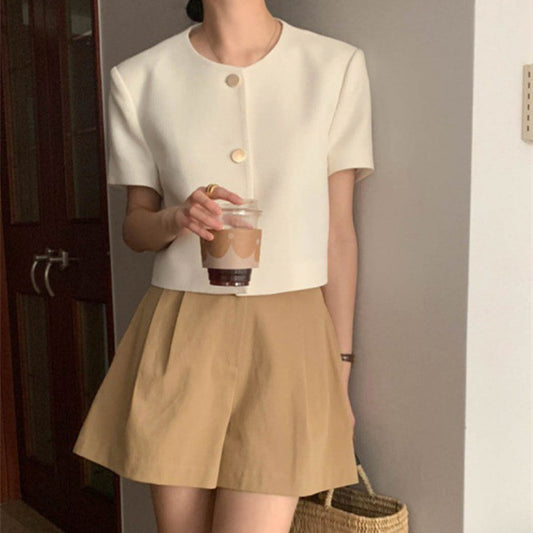 Summer Elegant Classic Style Round Neck Single-breasted Loose Leisure All-matching Puff Sleeve Short Coat For Women