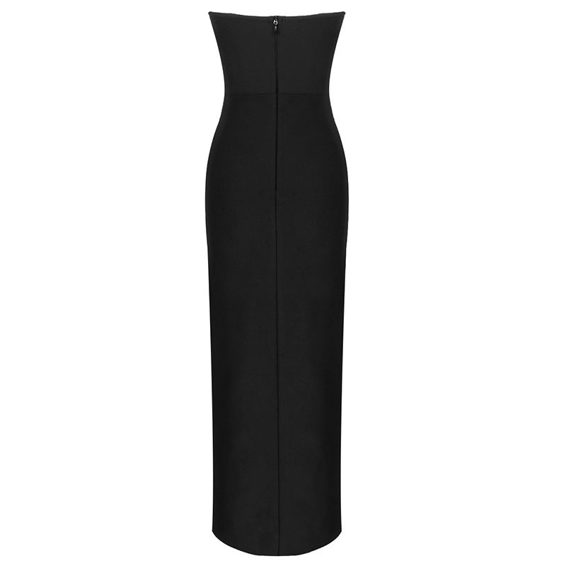 Tube Top V-neck Waist Slim Bandage Dress Mid-length Split Party Evening