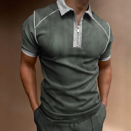 Men's Casual Short Sleeve Digital Print Zip Pullover Men's Polo Shirt