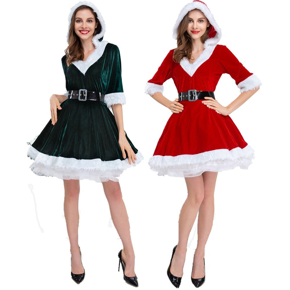 Christmas Winter New Women Dress Long Sleeve V-Neck Plush Decoration Layered Mash Hem Lingerie