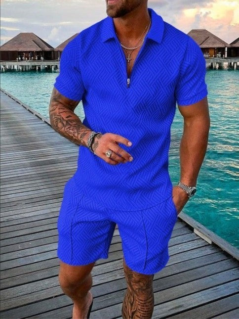 Men's Lapel Print Zipper Short Sleeve Shorts Suit