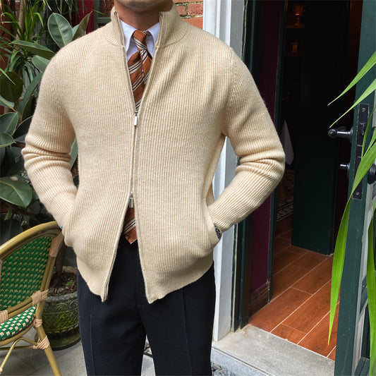 Standing Collar Long Sleeve Cardigan Knit Sweater Man