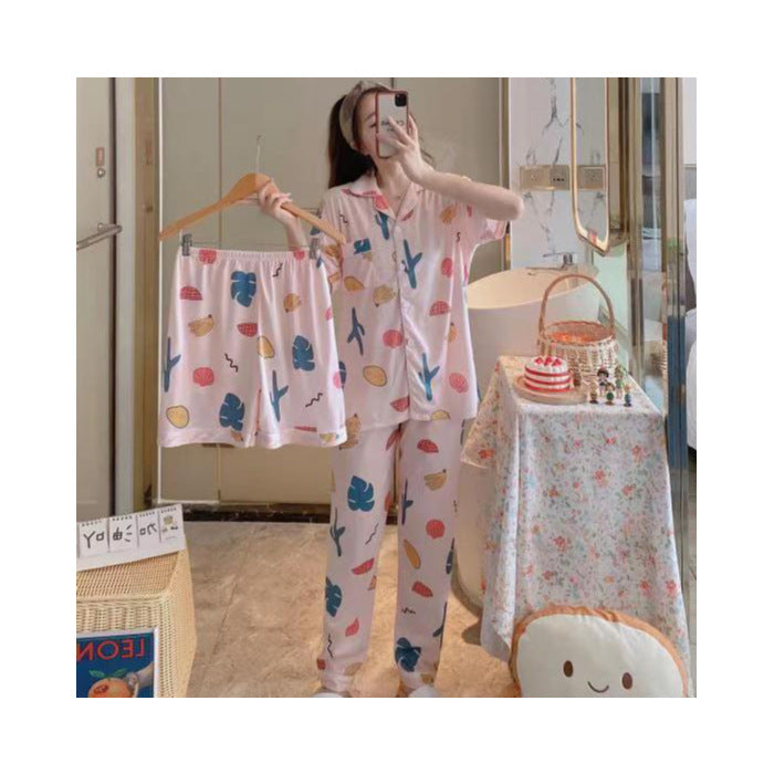 Fruit Pajamas Women's Summer Thin Short-sleeved Trousers Milk Silk Cute Loungewear Three-piece Suit