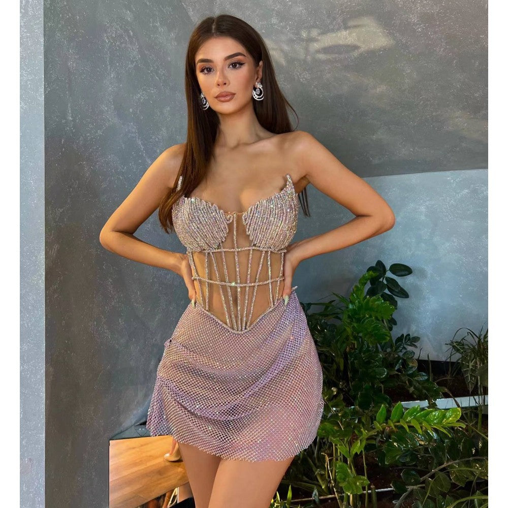 Diamond Decorations Tube Top Fishbone Slimming Mini Dress