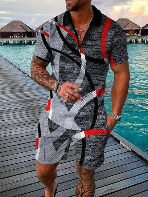 New Men's Fashion Casual Polo Shirt Shorts Two-piece Set