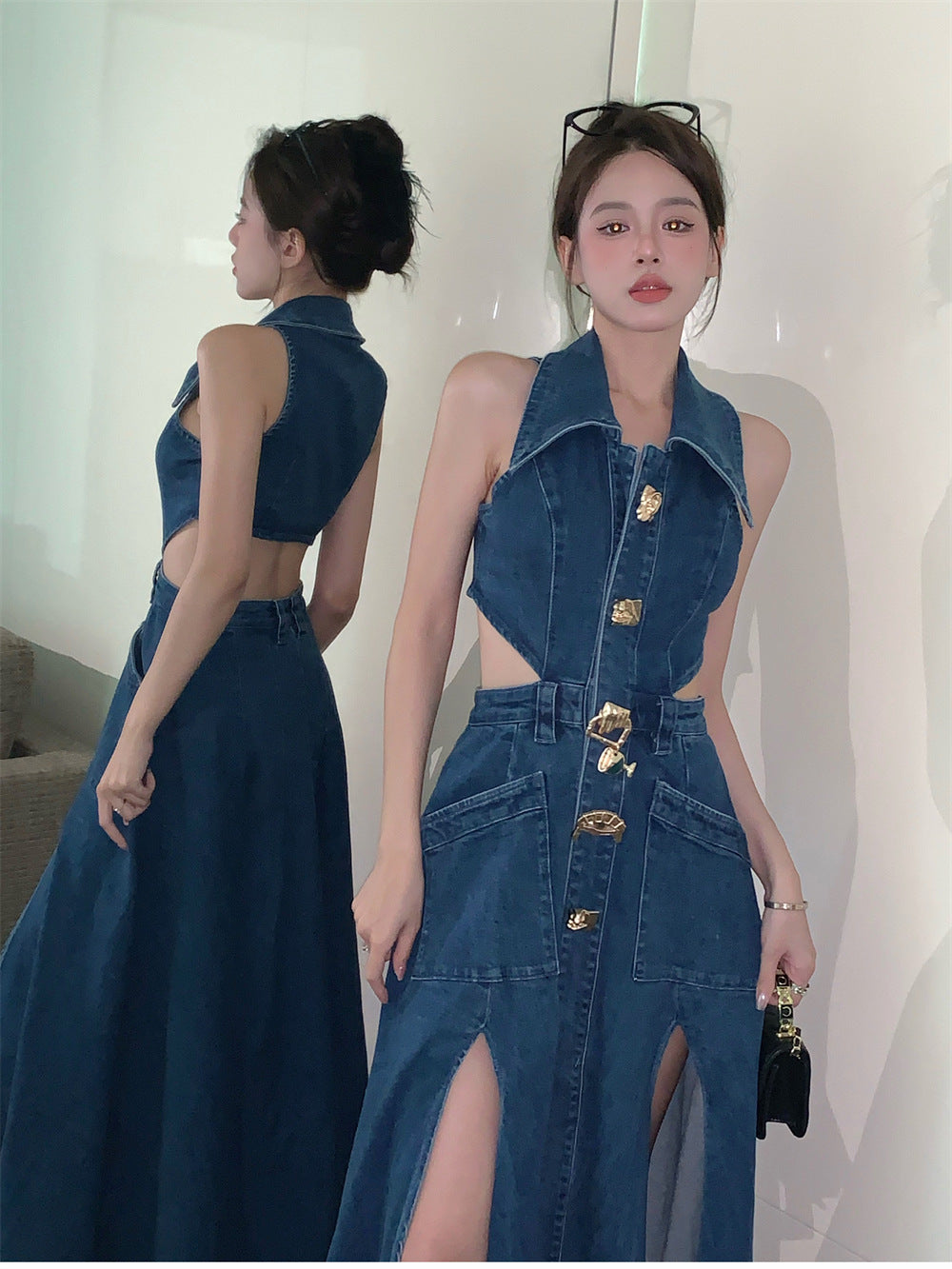 Women Spring Summer Sleeveless Dress Denim Outfits