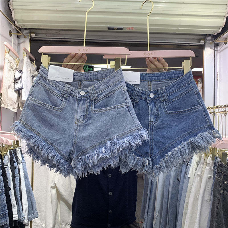 Fringed Frayed Denim Shorts Women Summer Thin High-waisted Wide-leg Pants