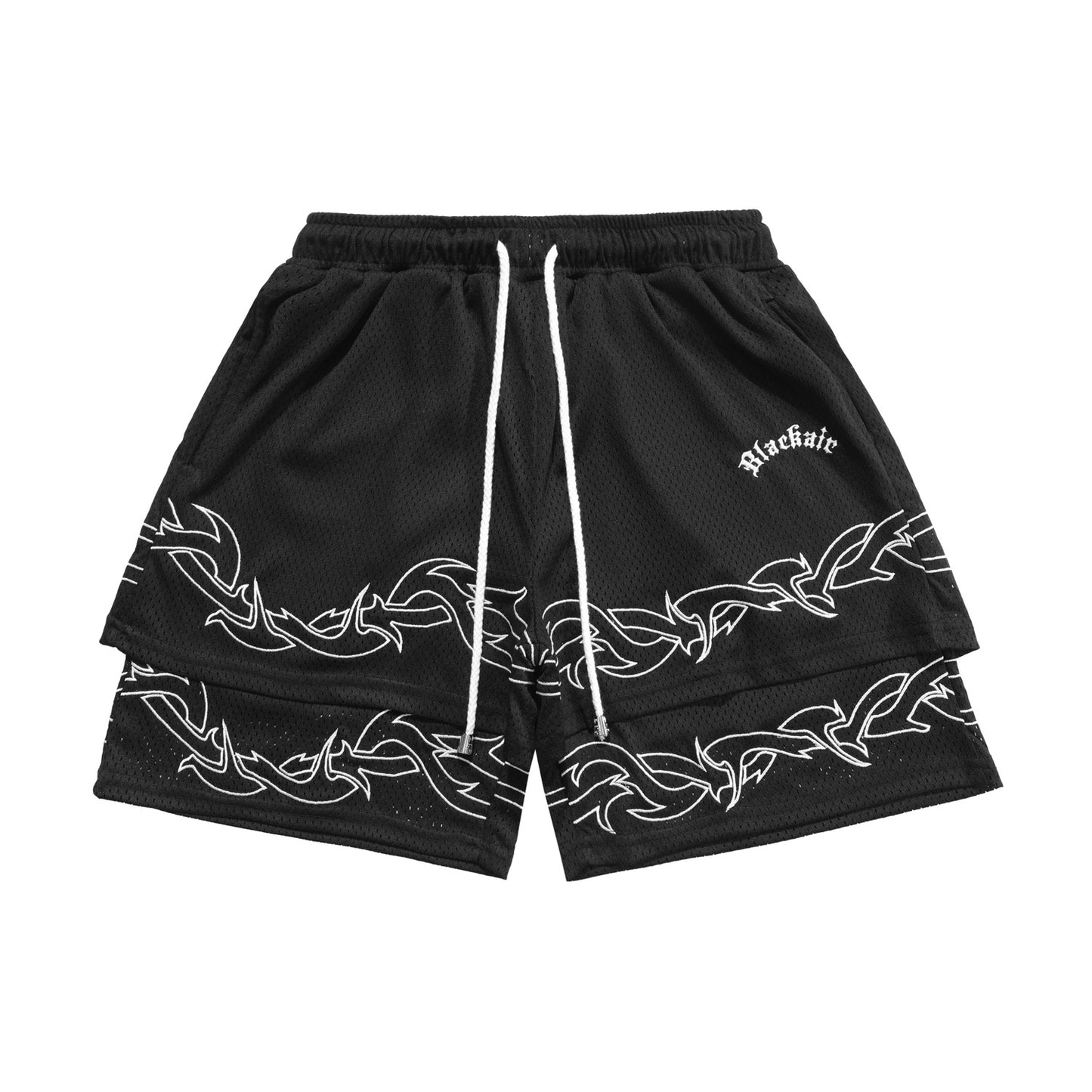 American Street Basketball Shorts Men Thorns Embroidered Double Layer