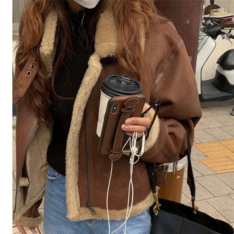 Fashionable Big Lapel Zipper Design Fur One Thickening Warm Motorcycle Short Coat Women