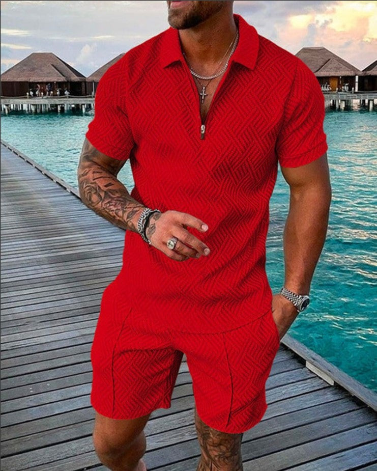 Men's Lapel Print Zipper Short Sleeve Shorts Suit