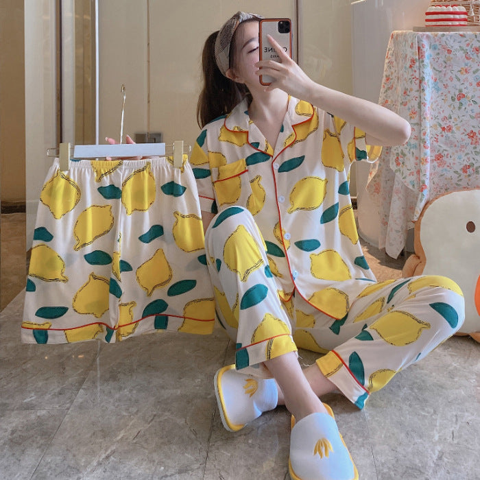 Fruit Pajamas Women's Summer Thin Short-sleeved Trousers Milk Silk Cute Loungewear Three-piece Suit