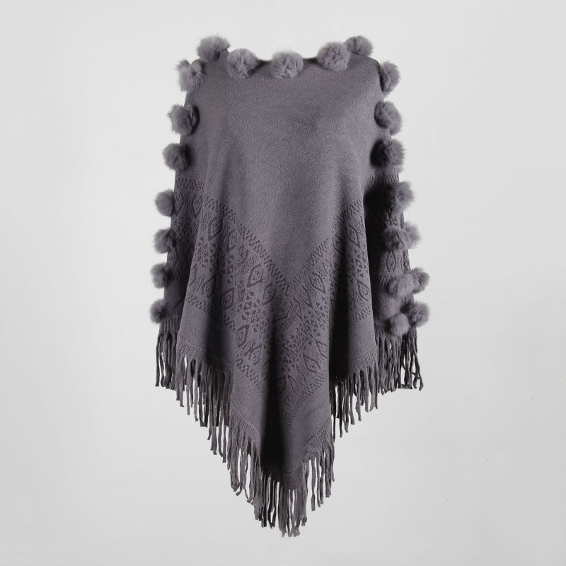 Fringed Cloak Shawl Hair Ball Round Neck Pullover Solid Color Sweater Women