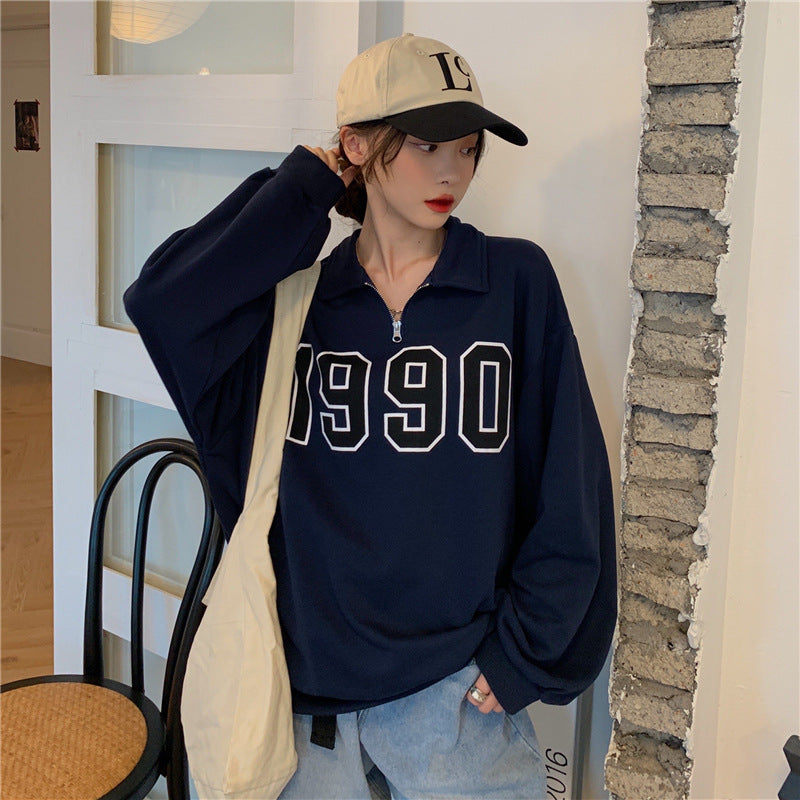 Retro Half Zipper Polo Lapel Long Sleeve Sweater For Women