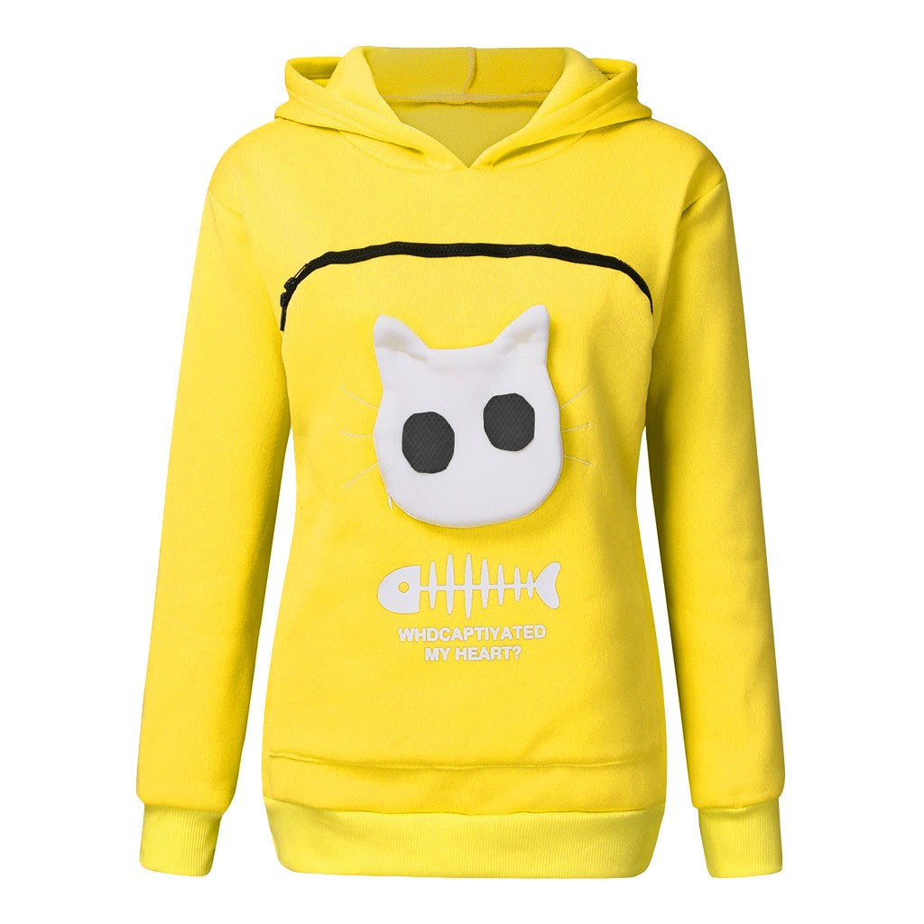 Women Hoodie Sweatshirt With Cat Pet Pocket Design Long Sleeve