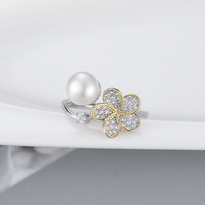Color Separation Flower Pearl Ring S925 Silver Ring Adjustable