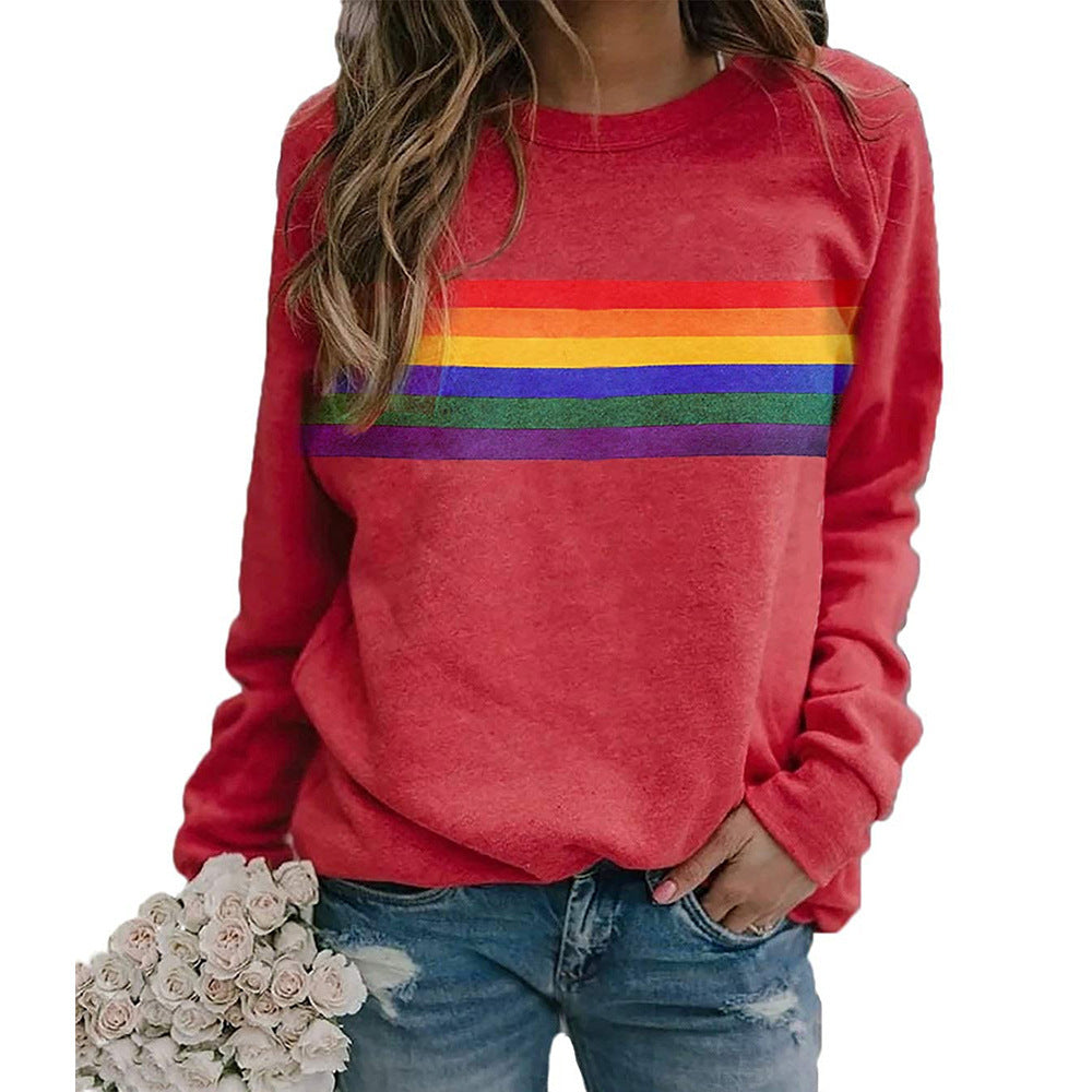 Color Striped Print Round Neck Pullover Long Sleeve Sweater