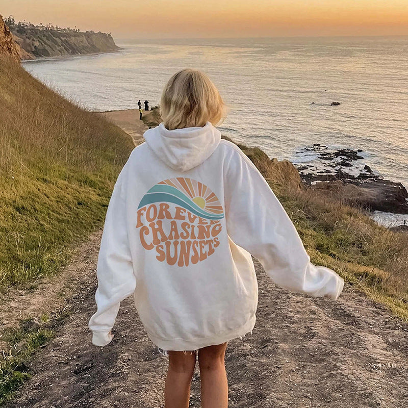 Fleece-lined Sunset Print Kangaroo Pocket Drawstring Hoodie