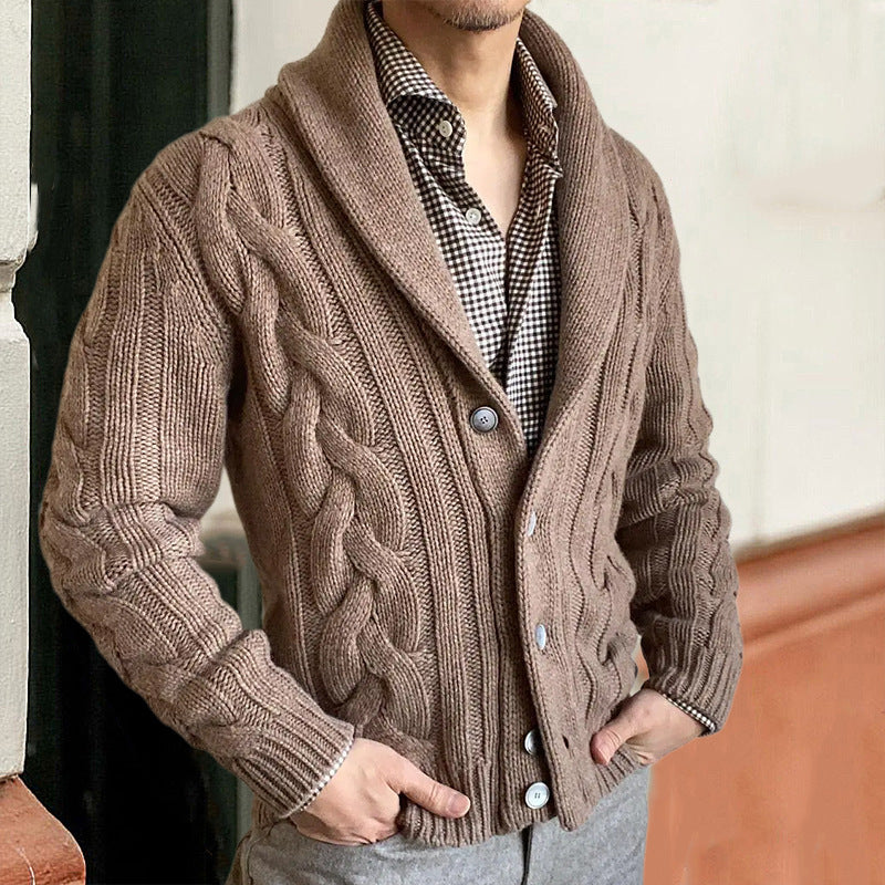 Autumn And Winter New Knitted Cardigan Men's Lapel Long Sleeve Twisted Sweater Coat