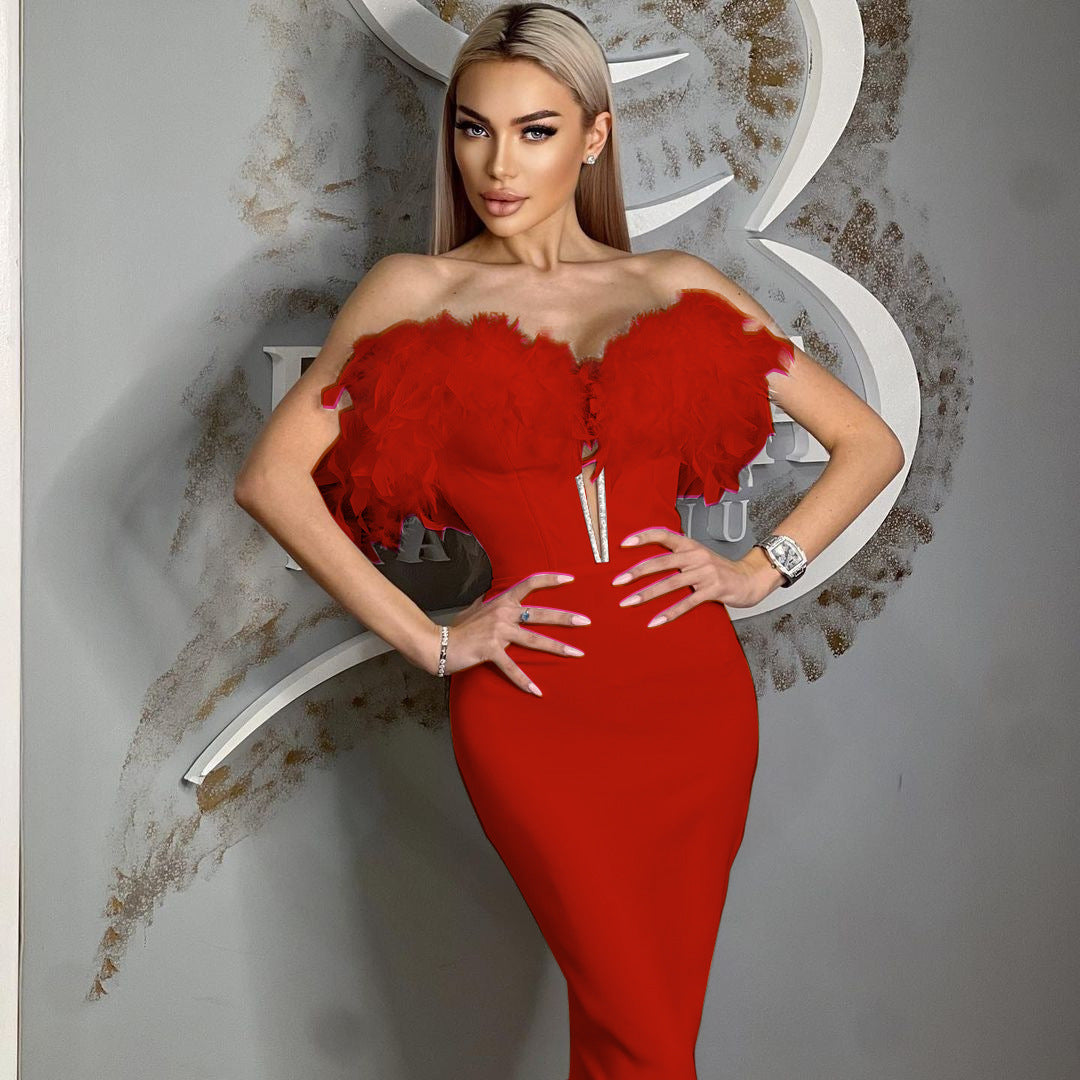 European And American Fashion High-end Affordable Luxury Diamond Feather Elegant French Bandage One-piece Dress