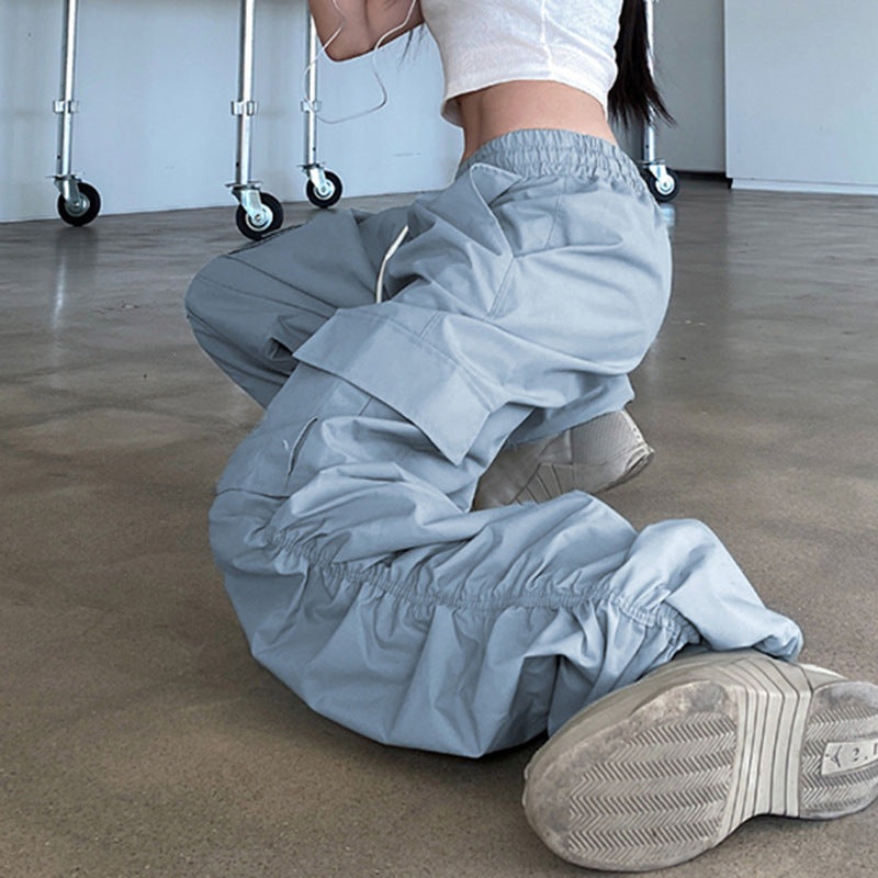 Grey Blue Pleated Drawstring Casual Pants For Women